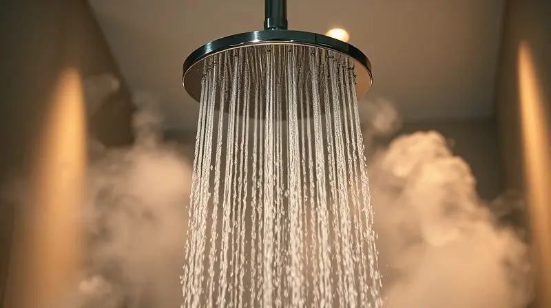 Vista de um chuveiro potente com água quente e vapor, ilustrando a importância da potência para um banho confortável e aquecido.