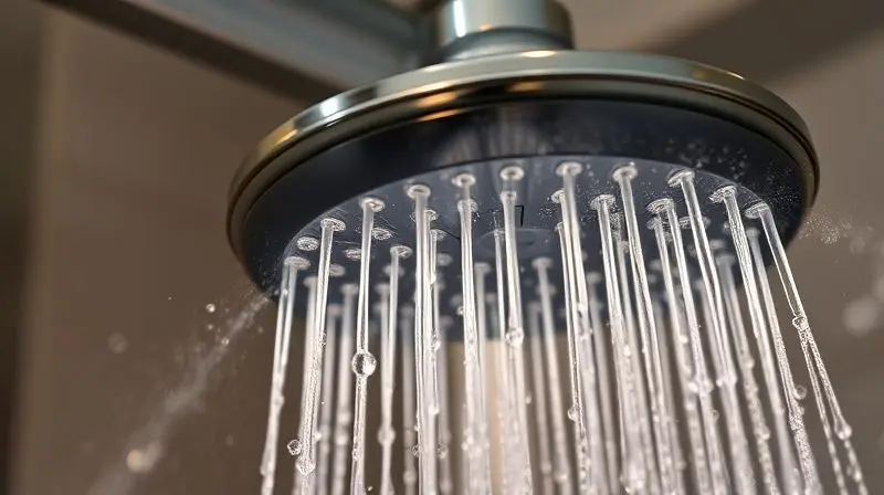Detalhe de um chuveiro liberando vapor e água quente, ilustrando potência e controle de temperatura.