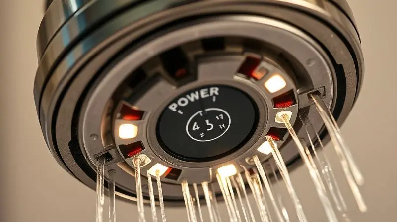 Detalhe da fiação elétrica e etiqueta de potência de um chuveiro, ilustrando aspectos técnicos de energia.