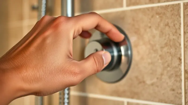 Mão ajustando o controle de temperatura de um chuveiro, com foco na segurança e praticidade de uso.