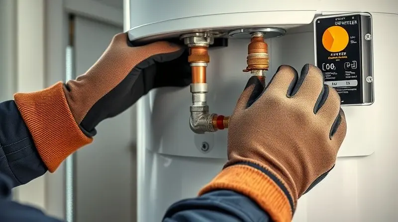 Mãos de um técnico especialista usando luvas de segurança enquanto verifica a instalação de um aquecedor a gás com uma ferramenta.