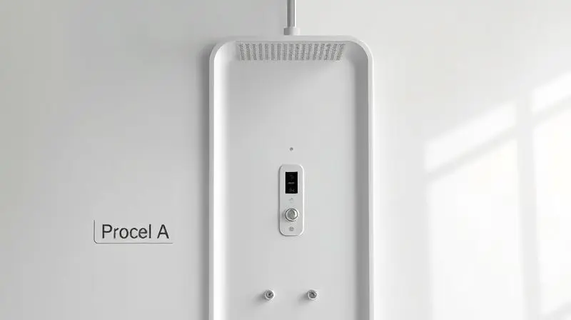 Chuveiro elétrico moderno com destaque para selo Procel de eficiência energética, simbolizando segurança e economia.