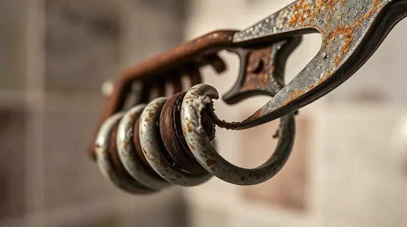 Close-up de uma resistência de chuveiro queimada e danificada, um sinal claro de que o componente precisa ser trocado para o bom funcionamento do aparelho.