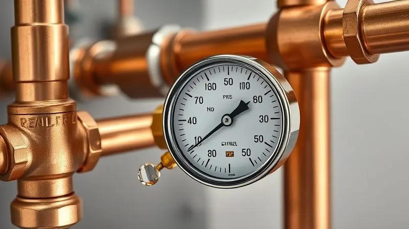Manômetro conectado a uma tubulação de cobre para realizar o teste de pressão e verificar a existência de vazamentos no sistema hidráulico.