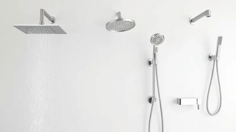 Mostruário com três tipos diferentes de chuveiros lado a lado: um de teto, um de parede e um de mão.