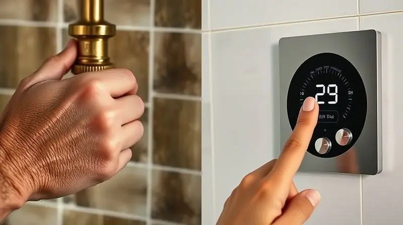 Comparativo visual entre um chuveiro multitemperaturas com seletor manual e um chuveiro eletrônico com display digital para ajuste preciso da temperatura.