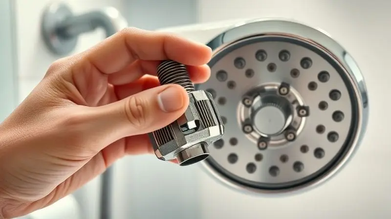 Mão segurando uma resistência nova ao lado de uma ducha elétrica desmontada em um banheiro limpo.