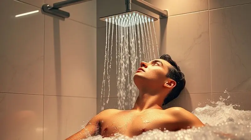 Pessoa relaxando em um banho quente, destacando os benefícios e o conforto de um bom chuveiro elétrico.