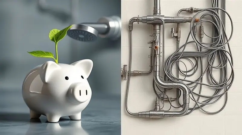 Comparativo visual das vantagens, como economia de energia, e desvantagens, como a instalação inicial, de um chuveiro híbrido.