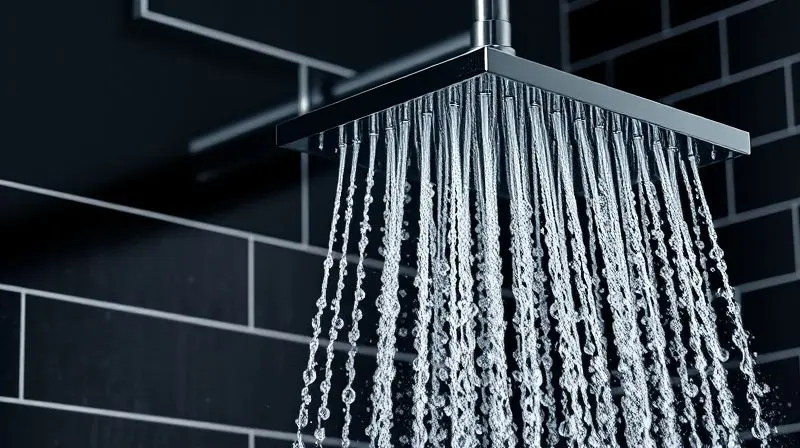 Close-up de um chuveiro com forte vazão de água, demonstrando a função de um pressurizador para um banho com alta pressão e volume de água.