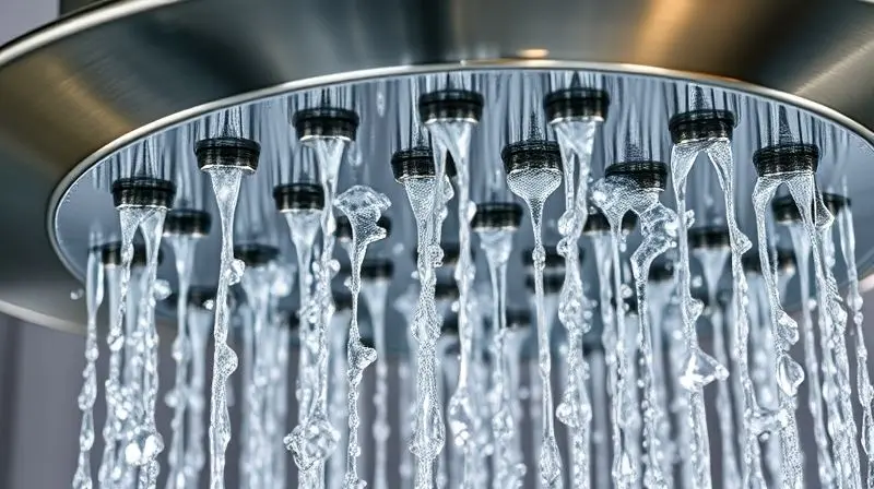 Close-up da água saindo com alta pressão de um chuveiro de teto, demonstrando a importância da vazão e pressão.