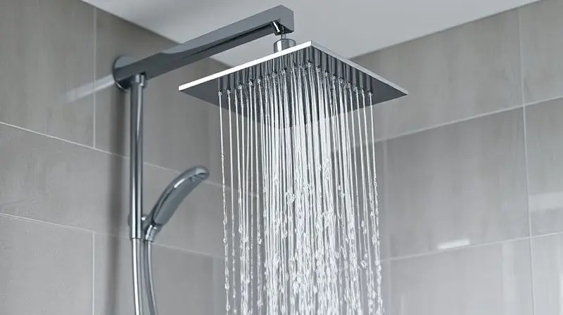 Chuveiro Lorenzetti Acqua Ultra em pleno funcionamento, destacando o jato de água abundante e o design moderno do aparelho em um banheiro contemporâneo.
