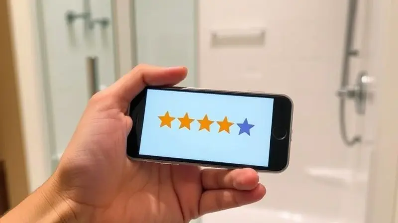 Ilustração da satisfação do cliente com a ducha Enerbanho, mostrando uma mão segurando um celular com avaliação de cinco estrelas em frente a um banheiro.