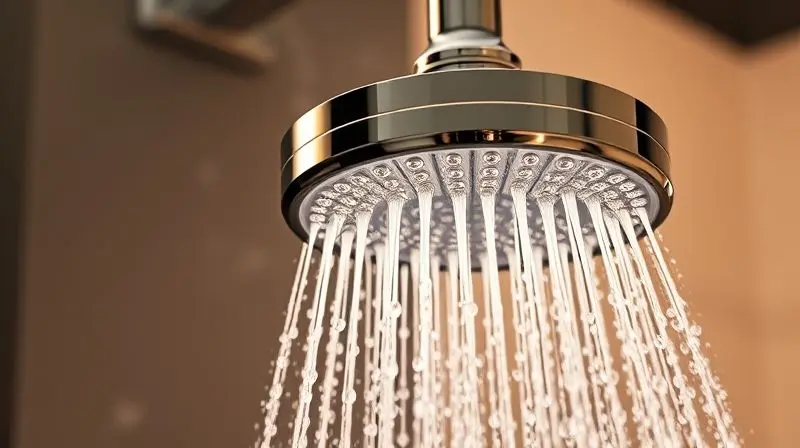 Chuveiro moderno com um fluxo de água forte e vapor quente subindo, representando a alta potência e a capacidade de aquecimento rápido do aparelho.