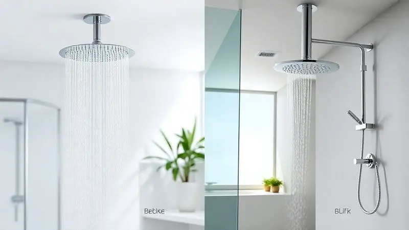 Comparativo visual mostrando a diferença entre um chuveiro Docol de teto e um modelo de parede instalados em um banheiro moderno.