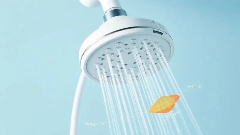 Imagem conceitual de um chuveiro elétrico com gráficos sobrepostos que representam sua ficha técnica detalhada e especificações.