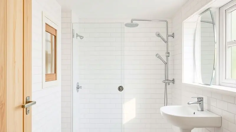 Banheiro moderno e bem iluminado com chuveiro elegante, representando o tipo de ambiente ideal para o Chuveiro Forusi Essenziali 4.