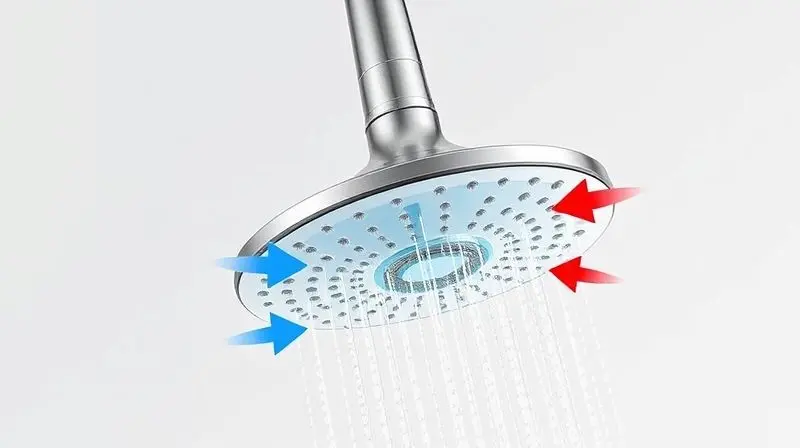 Infográfico 3D mostrando o funcionamento interno de uma Ducha Pratik, com o fluxo de água fria e o aquecimento da resistência elétrica.