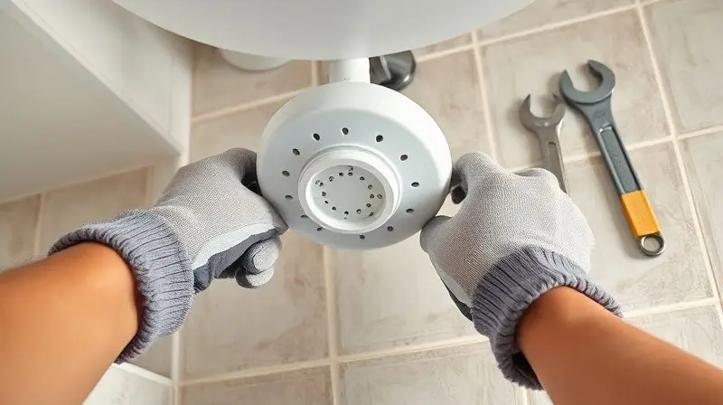 Guia passo a passo mostrando as mãos de uma pessoa instalando um chuveiro novo em uma parede de azulejos no banheiro.