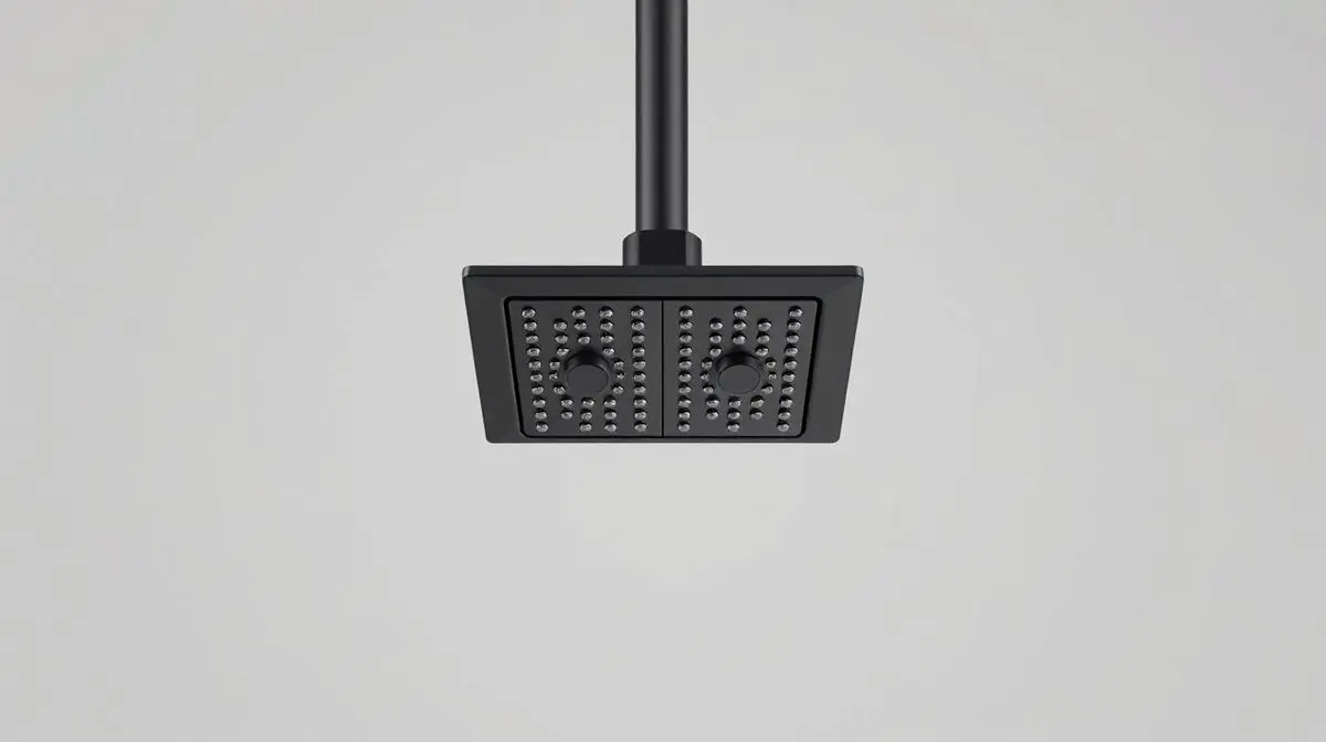 Chuveiro Lorenzetti Acqua Duo preto e cromado, em destaque contra um fundo neutro de estúdio, mostrando seu design moderno e sofisticado.