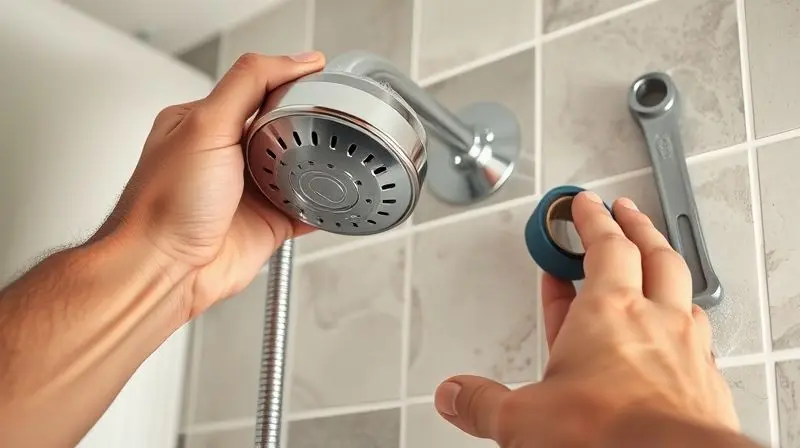 Mãos de uma pessoa instalando um chuveiro novo na parede de um banheiro, demonstrando o passo a passo da instalação.