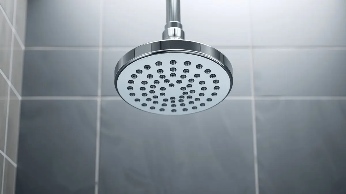Chuveiro moderno e cromado, impecavelmente limpo e brilhante, centralizado contra um fundo de azulejos elegantes, representando a limpeza de chuveiro.