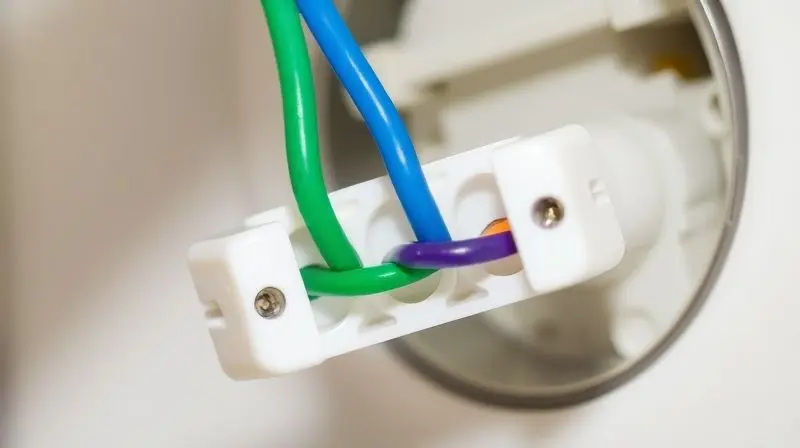 Conexão detalhada dos fios elétricos em um conector de porcelana durante a instalação do chuveiro, mostrando o fio terra, neutro e fase.