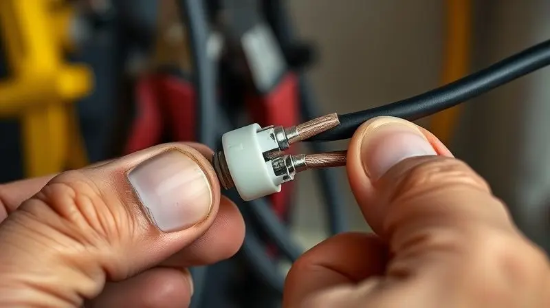 Eletricista realizando uma emenda segura em fios de chuveiro utilizando um conector de porcelana de alta qualidade para evitar mau contato.