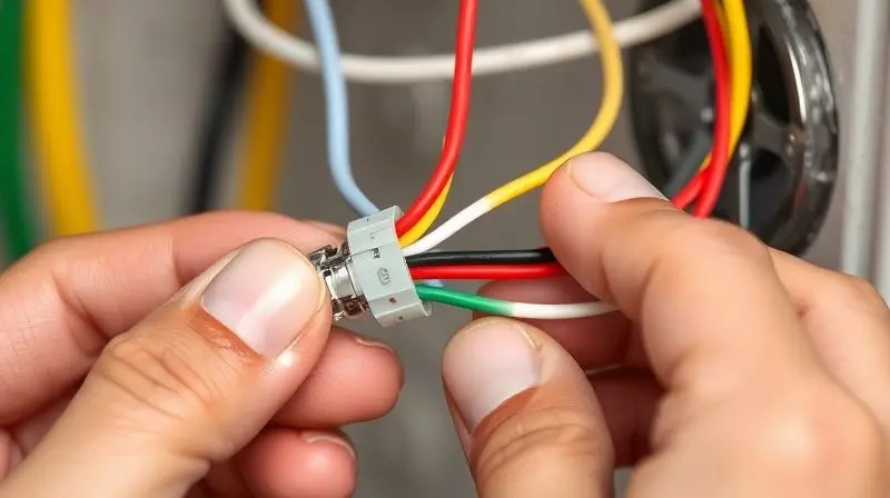 Detalhe das mãos de um eletricista experiente conectando os fios elétricos e o fio terra de um chuveiro usando um conector de torção.