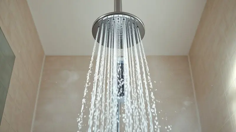 Jato de água quente e vapor saindo de um chuveiro, criando uma atmosfera de conforto e relaxamento durante o banho.