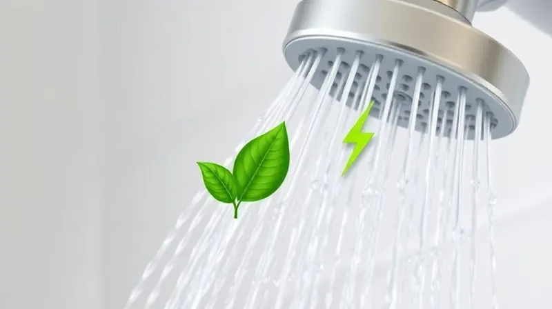 Imagem conceitual de água fluindo de um chuveiro com ícones de folha e raio, simbolizando o consumo de água e a eficiência energética.