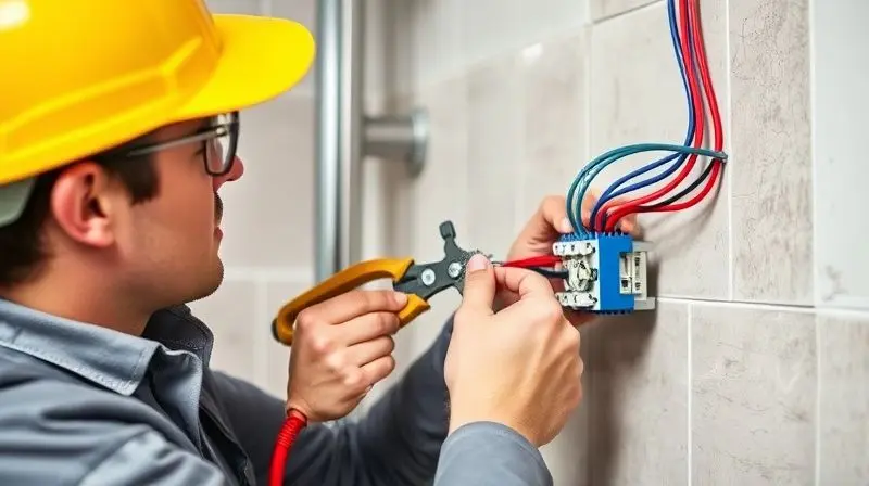 Eletricista profissional realizando a instalação segura da fiação do chuveiro, mostrando a importância de contratar um especialista qualificado.