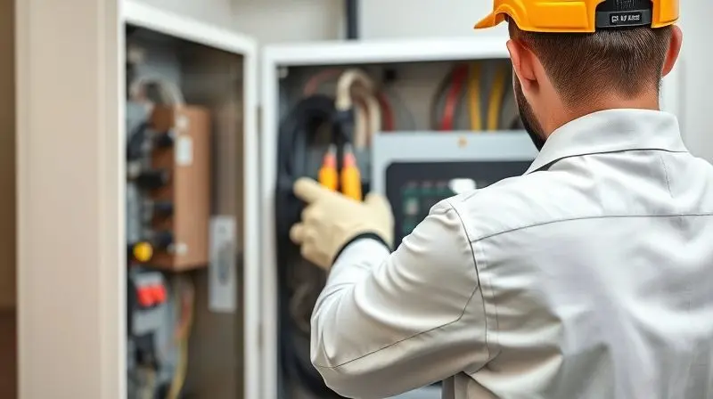 Um eletricista profissional e qualificado trabalhando com segurança em um quadro de distribuição de energia para solucionar um problema elétrico.