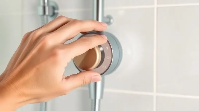 Mão ajustando o seletor de controle de temperatura de um chuveiro elétrico moderno, demonstrando a facilidade de uso e a precisão do aquecimento.