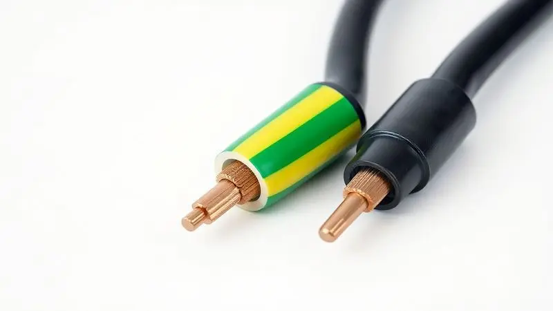 Fios elétricos com as cores padrão para fase (preto), neutro (azul) e terra (verde e amarelo), ajudando na identificação correta.