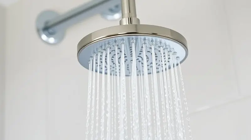 Chuveiro moderno funcionando perfeitamente em um banheiro limpo, com jatos de água cristalina, ilustrando a vida útil prolongada do aparelho.
