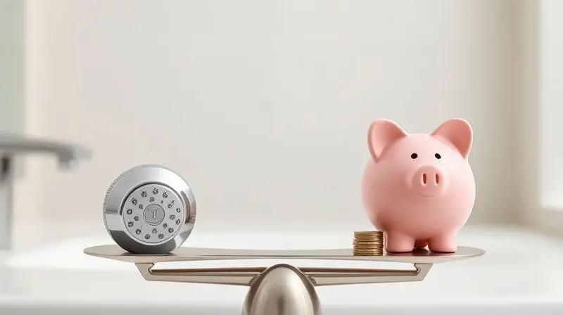 Análise de custo-benefício de um chuveiro, representada por uma balança equilibrando o produto de um lado e moedas com um cofrinho do outro.