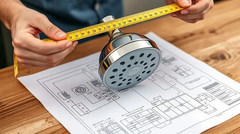 Mãos medindo as dimensões de um chuveiro com uma fita métrica sobre um desenho técnico do produto em uma bancada.