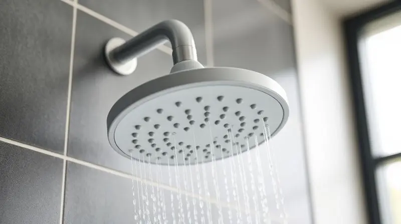 Detalhe do design e acabamento de um chuveiro branco moderno instalado em uma parede de azulejos cinza, ilustrando a estética do produto.