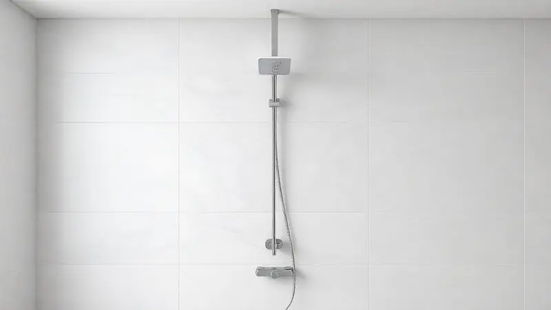 Ducha elétrica moderna instalada em um banheiro contemporâneo com azulejos de mármore, mostrando o design do produto e sua integração com o ambiente.