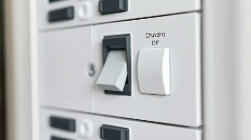 Disjuntor do chuveiro na caixa de força desligado para garantir a segurança durante a instalação elétrica do aparelho no banheiro.
