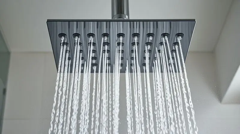Chuveiro moderno funcionando perfeitamente após a instalação, com jatos de água limpos em um banheiro elegante, indicando a verificação bem-sucedida.