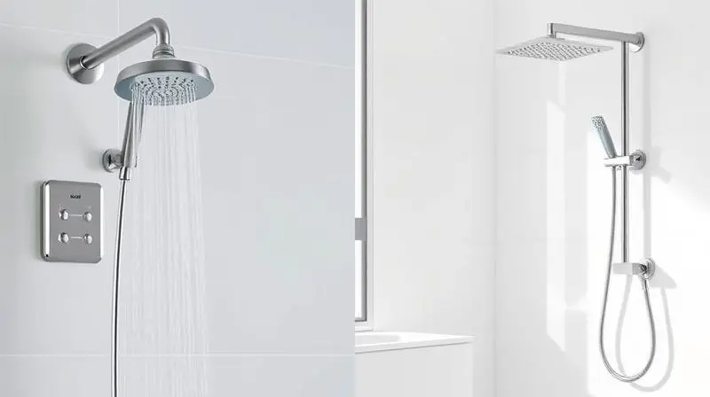 Comparativo visual entre um chuveiro elétrico tradicional à esquerda e uma ducha moderna à direita, ilustrando as principais diferenças de design.