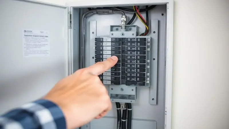 Mão de um eletricista apontando para o disjuntor correto para o chuveiro em um quadro de distribuição de energia residencial.