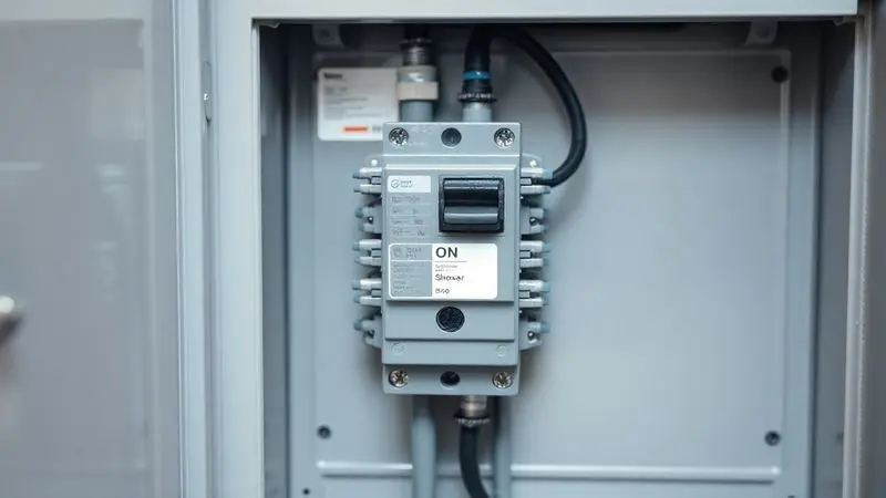 Close-up de um disjuntor elétrico em um quadro de distribuição, item essencial para proteger o circuito do chuveiro contra sobrecargas.