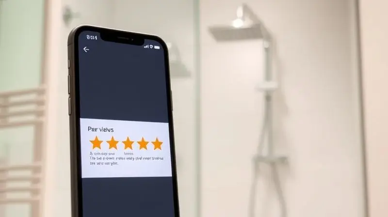 Uma pessoa avaliando positivamente a Ducha Pratik em um smartphone, com o chuveiro instalado em um banheiro moderno ao fundo.