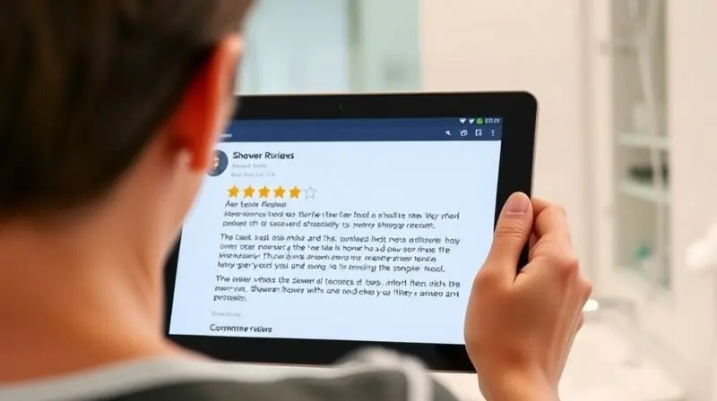 Pessoa analisando reviews e opiniões positivas de um chuveiro em um tablet, com cinco estrelas em destaque na tela.