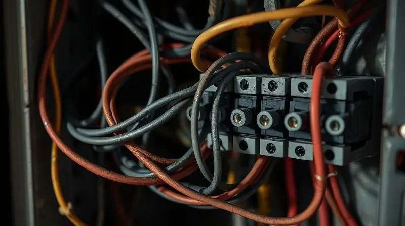 Fiação elétrica emaranhada e incorreta conectada a um disjuntor, representando erros comuns na instalação que devem ser evitados.