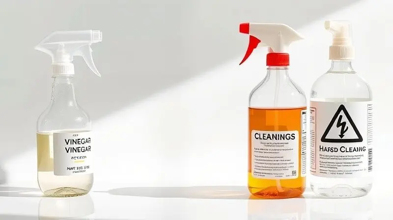 Comparação entre produtos de limpeza naturais, como vinagre, e produtos químicos agressivos, destacando os benefícios de soluções suaves.