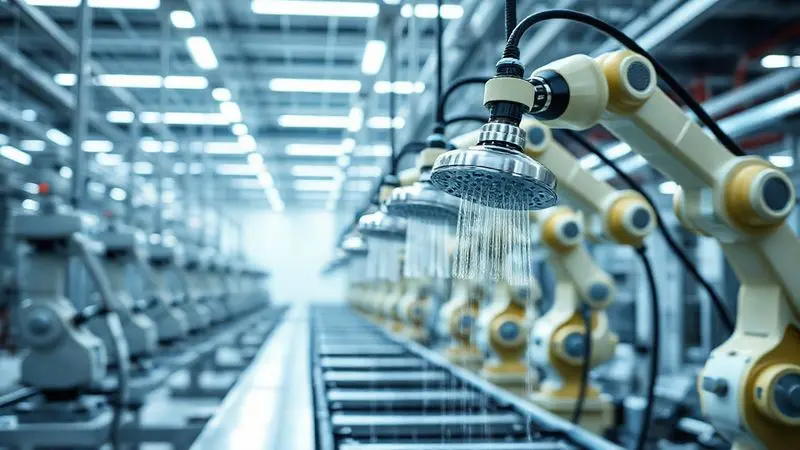 Imagem da fábrica da Enerbras, mostrando a linha de montagem moderna dos chuveiros Pratik, transmitindo confiança e qualidade.